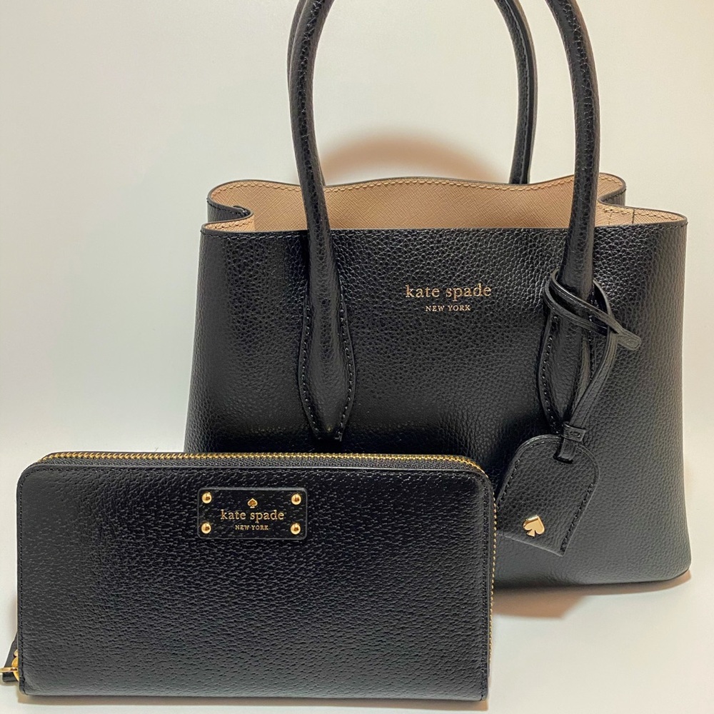 KATE SPADE BLACK LEATHER SATCHEL &NEDA WALLET SET - Picture 1 of 9
